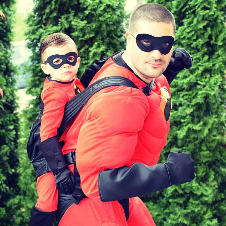 Babywearing Halloween costume: Mr. Incredible and Jack Jack