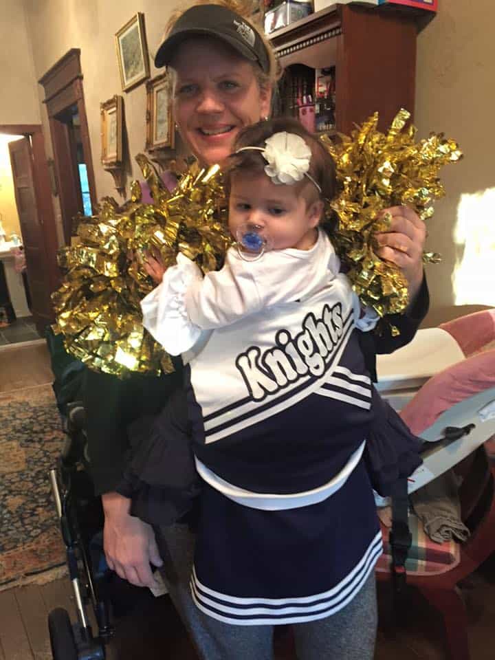 Babywearing Halloween costume: Cheerleader